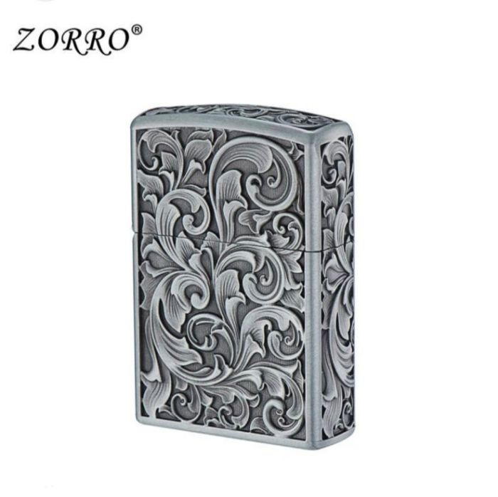 Бензиновая зажигалка Zorro "Antique Brass" с художественной гравировкой Серебриста