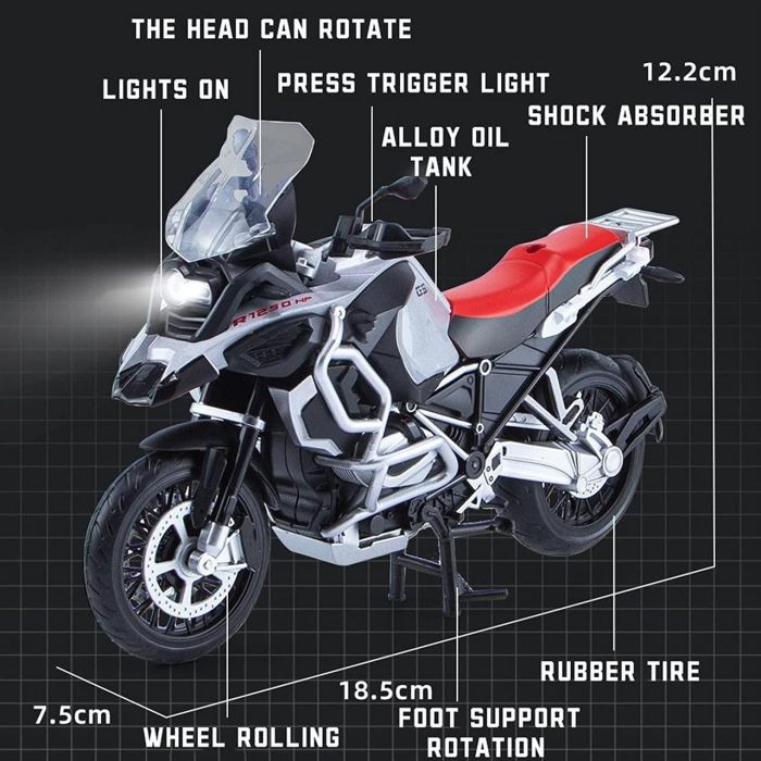 Коллекционная модель мотоцикла BMW R1250 GS, 1:12 (Металевый корпус, Свет, Звук) Silver-Red