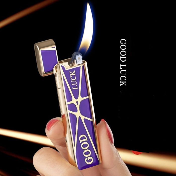 Стильная и Элегантная Газовая Зажигалка "Good Luck" (фиолетовая с золотистыми вставками)