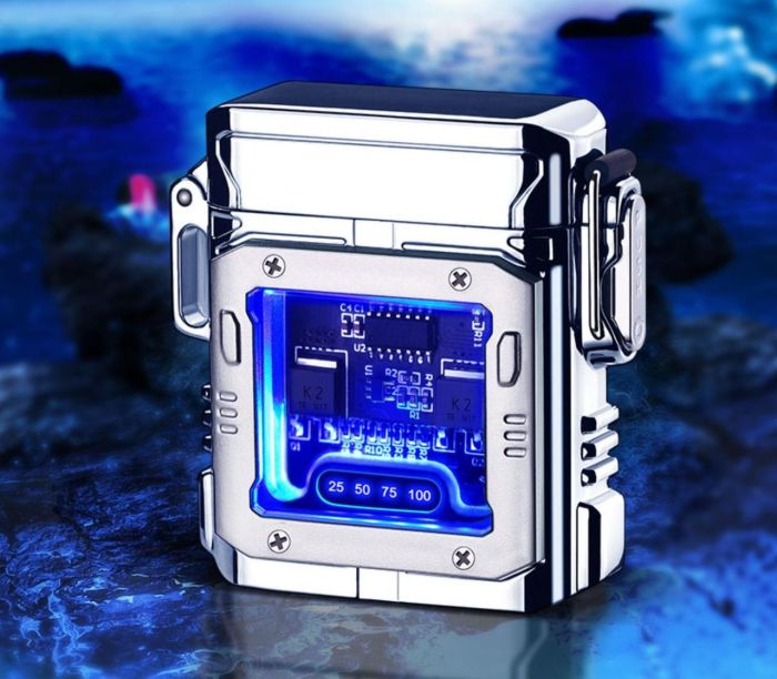 Водонепроницаемая электроимпульсная USB-зажигалка LIGHTER цвет серебро с подсветкой в подарочной упаковке