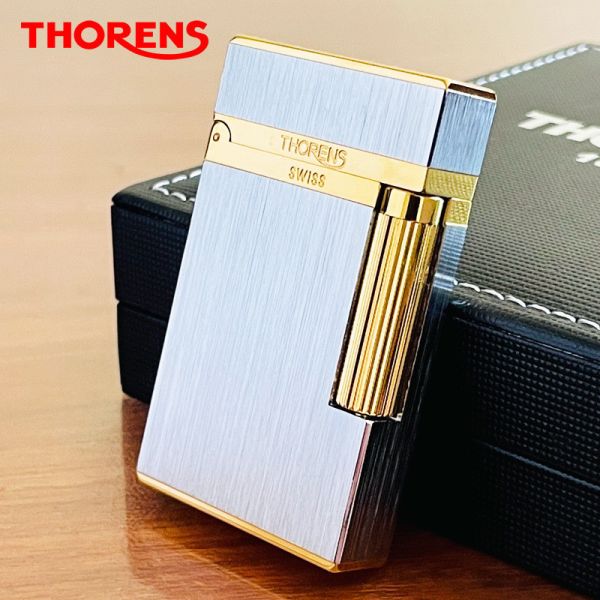 Элегантная газовая зажигалка THORENS серебряная с золотыми акцентами