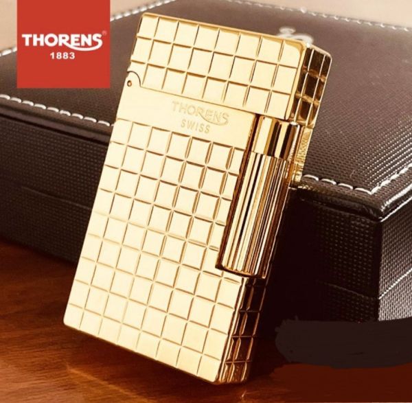 Премиальная газовая зажигалка Thorens с квадратным узором золотистая