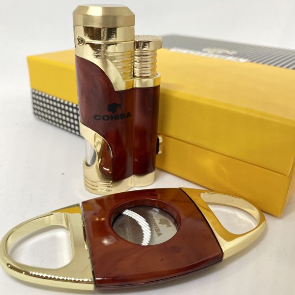 Турбо-зажигалка Cohiba и гильотина коричнево-золотистого цвета в наборе