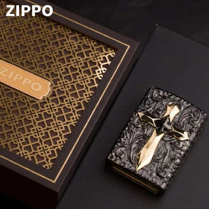 Бензиновая зажигалка Zippo Armor Custom "Golden Cross" (Золотой Крест) с глубокой гравировкой в подарочной коробке