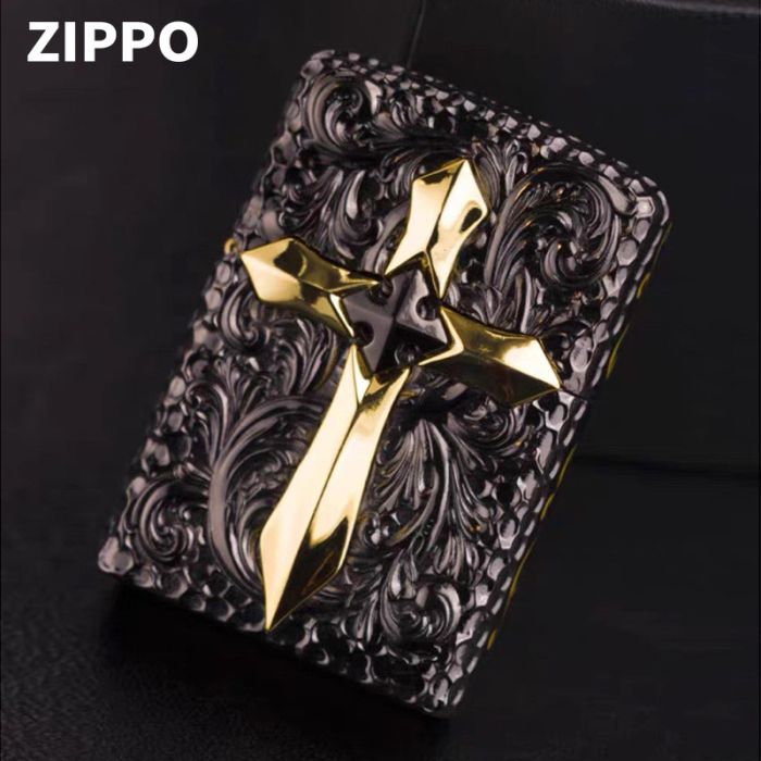 Бензиновая зажигалка Zippo Armor Custom "Golden Cross" (Золотой Крест) с глубокой гравировкой в подарочной коробке