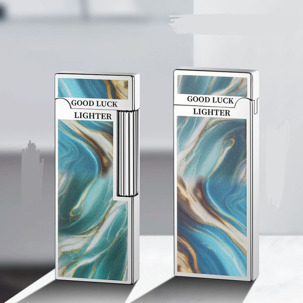 Элегантная Газовая Зажигалка HYMARS "Good Luck" - Бирюзово золотой Мрамор и Хром
