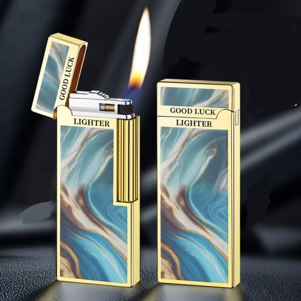 Элегантная Газовая Зажигалка HYMARS "Good Luck" - Бирюзово золотой Мрамор и Золото
