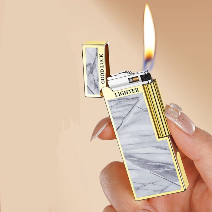 Элегантная Газовая Зажигалка HYMARS "Good Luck"- Бело-серый Мрамор и Золото