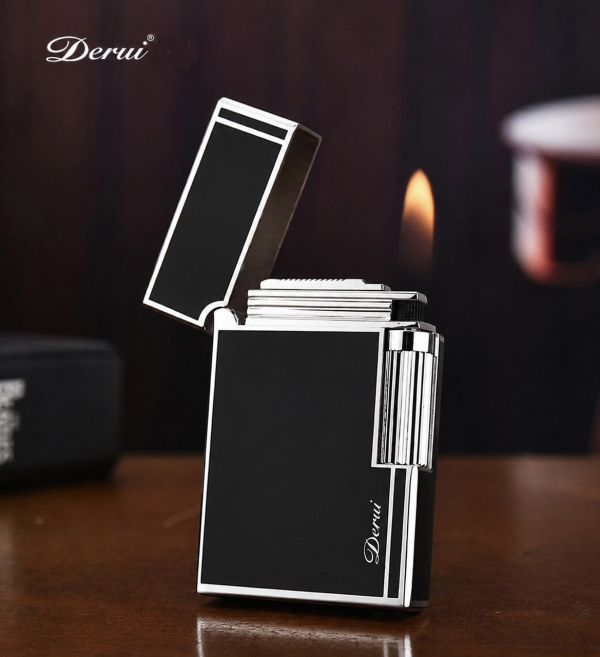 Элитная газовая зажигалка Derui R-09 Classic Black & Silver с фирменным кликом