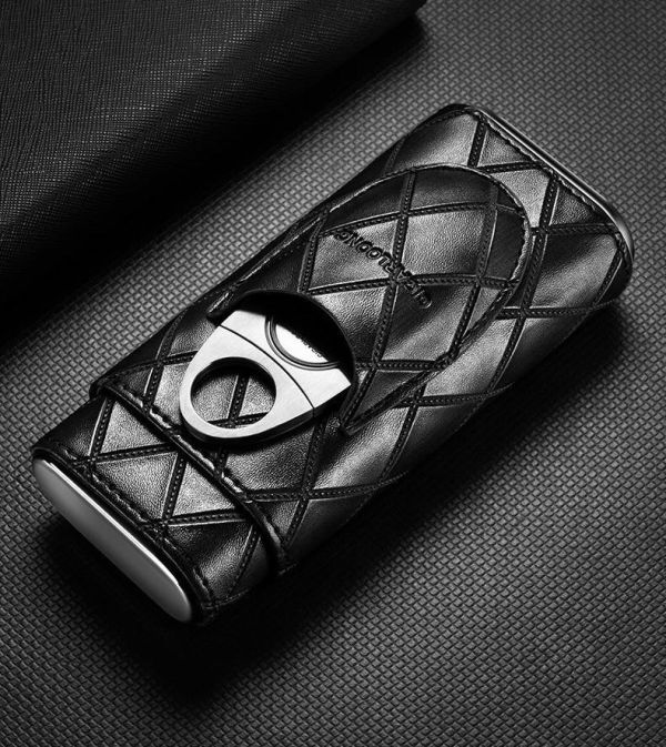Элегантный кожаный футляр (хамидор) для 3-х сигар Cigarloong с гильотиной - Черный
