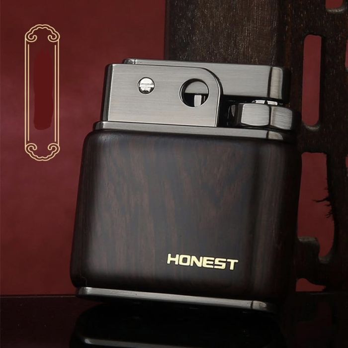 Элитная бензиновая зажигалка Honest со вставкой из натурального дерева темная вишня