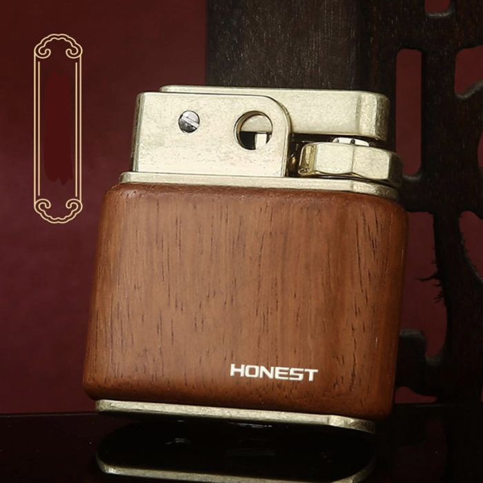 Элитная бензиновая зажигалка Honest со вставкой из натурального дерева цвет орех